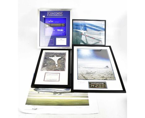 Three signed Concorde photos, each signed by Mike Bannister, Chief Concorde Pilot and Aviation Photographer Adrian Meredith, 