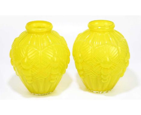 A pair of French Art Deco style Iranian coloured glass vases with relief moulded decoration of fruit, height 23cm.Condition R