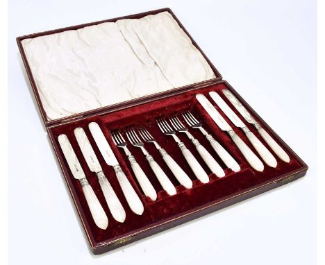 HARRISON BROS &amp; HOWSON; a Victorian hallmarked silver six setting dessert service with mother of pearl handles, Sheffield