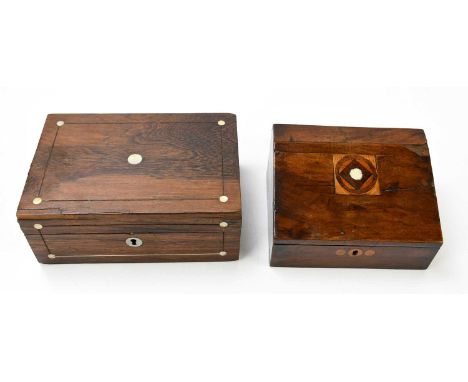 A mother of pearl rosewood work box, together with a mahogany and inlaid tea caddy.