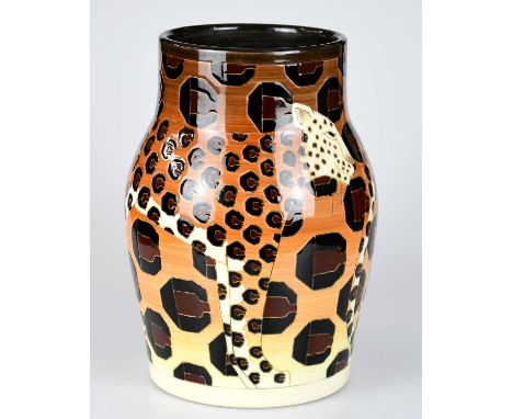 SALLY TUFFIN FOR DENNIS CHINAWORKS; a vase of shouldered form with inverted neck and decorated with leopards, signed, impress