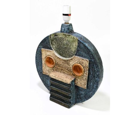 ELEANOR WINNING FOR TROIKA POTTERY; a large wheel lamp base decorated to the front with a stylised mask design and geometric 