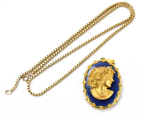 A 9ct gold necklace, weight 21.5g, with a yellow metal and blue glass oval pendant decorated with a relief portrait of a maid
