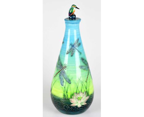 SALLY TUFFIN FOR DENNIS CHINAWORKS; a tapering bottle vase and stopper, with kingfisher finial, the body decorated with drago