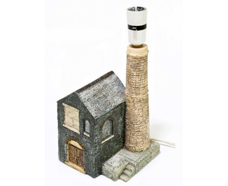 LOUISE JINKS FOR TROIKA POTTERY; a Cornish tin mine table lamp with green glazed engine house and brown chimney, height exclu