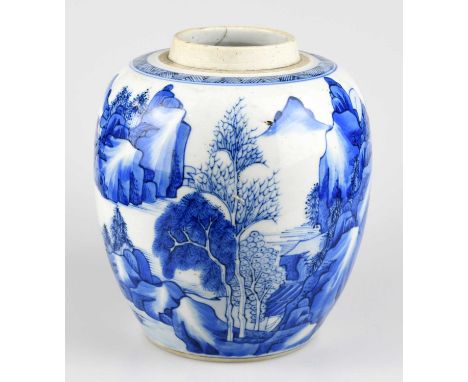 A Chinese Kangxi blue and white ginger jar, decorated with a landscape of rockwork and figures, the underside with concentric