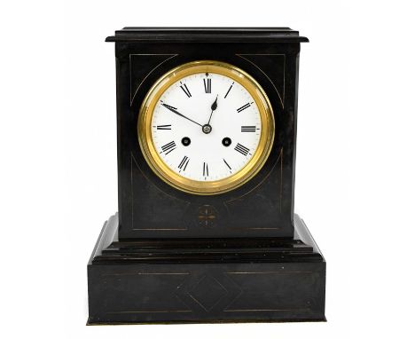 A Victorian black slate eight day mantel clock, the enamel dial with Roman numerals, a movement striking on a gong, height 32