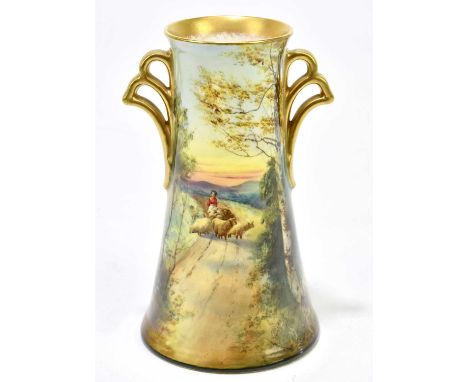 ROYAL DOULTON; a twin handled vase, hand painted with a rural scene with sheep figure on a country lane by H. Morrey, height 