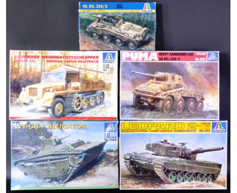 A collection of x5 original Italeri made Military themed plastic model kits. Examples to include; No. 243 1/35 scale Leopard 