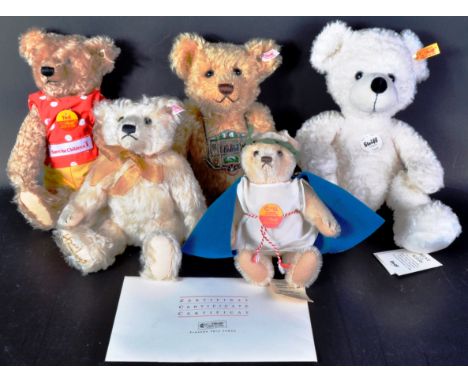 A collection of x5 original German Steiff made soft toy teddy bears to include; 661730 Limited Edition Hamleys exclusive tedd