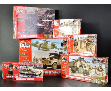 A collection of x7 Airfix made Military themed plastic model kits. Examples to include; 1/48 scale British Forces Patrol and 