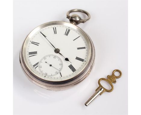 Silver open faced watch, London 1884, white enamel dial with Roman hour markers, subsidiary second dial,together with key, ma