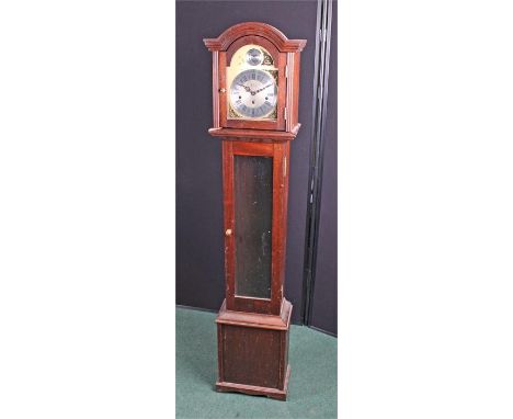 Longcase clock, of small proportions, with an arched hood above a glazed trunk, brass arched dial and silvered chapter ring, 