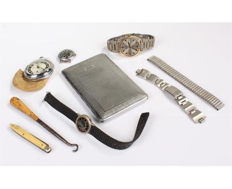 Mixed lot of watches,including an Ingersoll pocket watch, Timex and Sekonda wristwatches, and a cigarette case with the initi