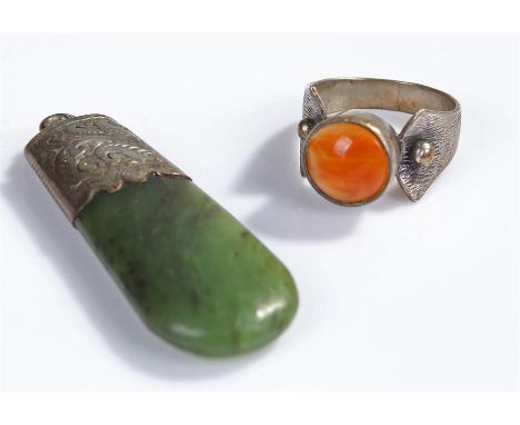 Silver ring and silver capped New Zealand jade pendant, (2)