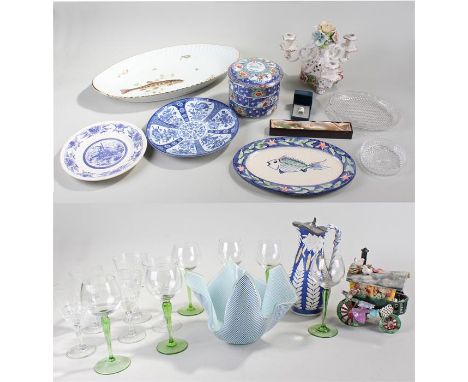 Mixed lot of porcelain and glass, to include platters, dishes, jug, candlestick and wine glasses, (Qty)