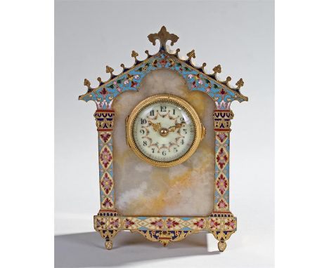 Early 20th Century marble and cloisonné timepiece, the architectural case with cloisonné roof frieze flat columns and base an
