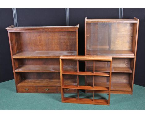 Oak bookcase, together with a glazed cabinet, and a shelf, (3)