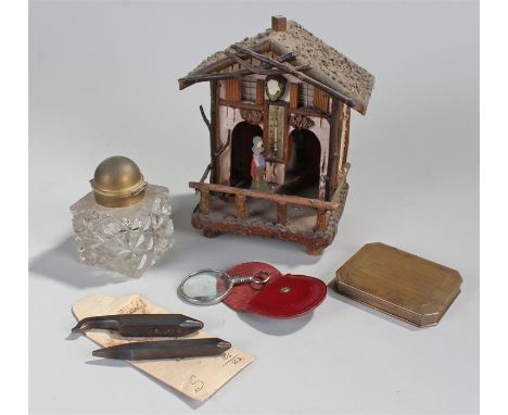 Mixed lot to include a cut glass ink bottle, pocket magnifying glass, rustic art thermometer,cigarette case,metal stamps,(6)