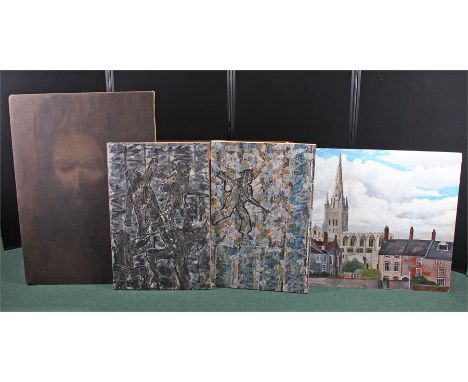 Four contemporary pictures. Painting of a cathedral, two abstract paintings of soldiers, and a portrait