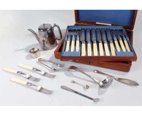 Silver plated wares to include, a small pot, napkin ring, mixed cutlery and a boxed knife and fork set, (Qty)