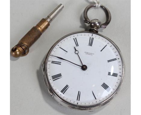 Silver open faced watch, white enamel dial with Roman hour markers, together with key, case 35 mm diameter