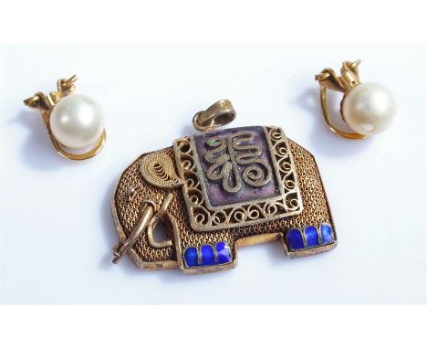 A pair of gold mounted pearl earrings with spring clips together with an elephant pendant in silver gilt with purple and blue