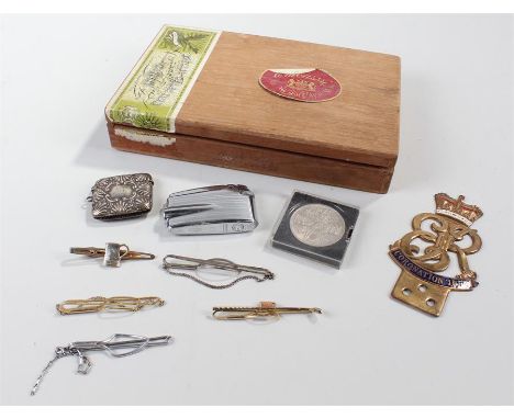 Silver vesta case, together with a Coronation car badge, a coin, lighter and tie clips, (qty)