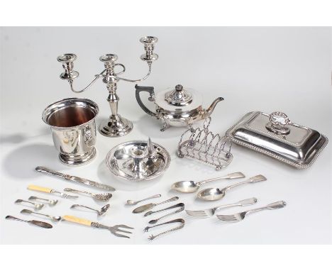 Collection of silver plated objects to include Candelabra, ice pail, tea pot, lidded entree dish, chamber stick etc. (qty)