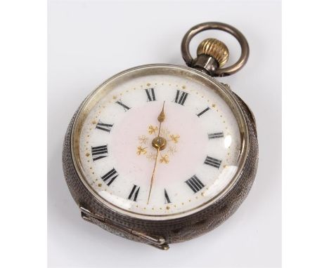 Silver open face pocket watch, with a white enamel dial, Roman hours