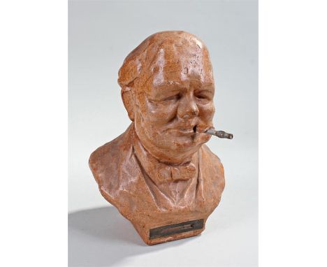 Winston Churchill interest, a cast table lighter plaster bust with all over terracotta colour glaze, the mouth with hole for 