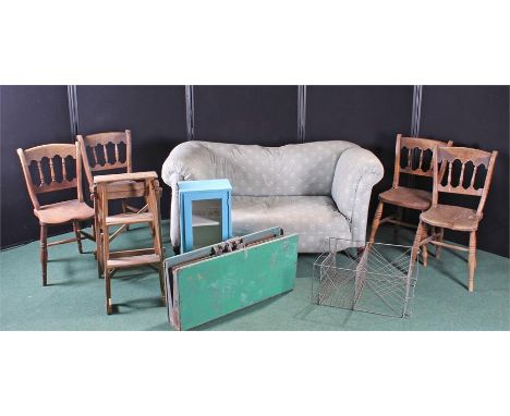 Furniture, to include a drop end sofa, a set of four chairs a wire rack, ladder, blue painted cabinet and table