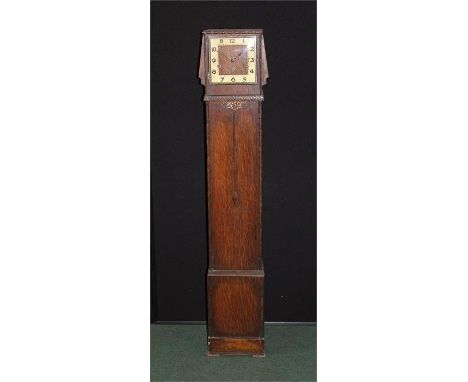 Oak longcase clock, of small proportions, the square dial with Arabic hours, long trunk case