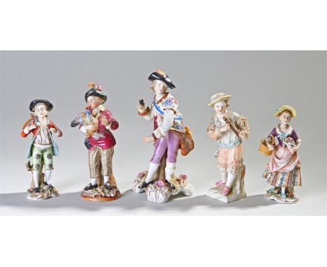 Pair of Dresden porcelain figures of a flower girl and a huntsman, together with an unmarked figure of a man with a pipe, a m