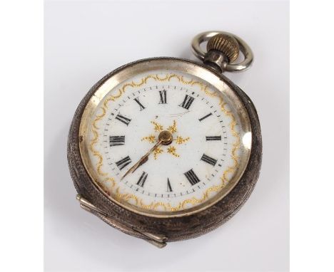 Silver open face pocket watch, with a white enamel dial, Roman hours, crown wound