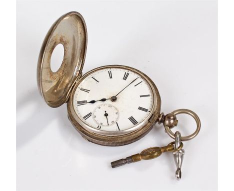 Silver half hunter pocket watch, the silver case with blue enamel Roman hours, an enclosed white enamel dial with subsidiary 