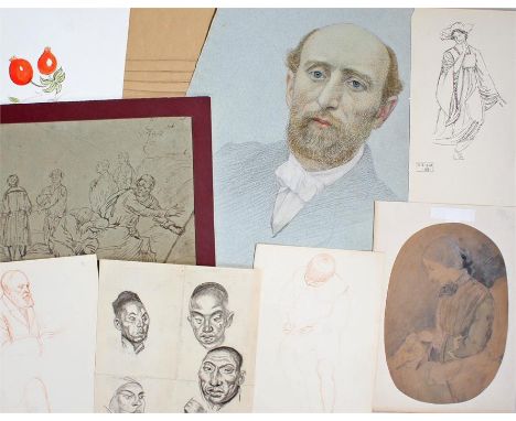 British school, head studies in pencil, together with a portrait of a lady, a sketch and a portrait of man, (4)