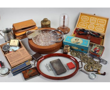 Mixed lot to include, cased vanity and shaving sets, horse brasses, fishing floats, pewter mug,glass tray, brass tea caddy, e
