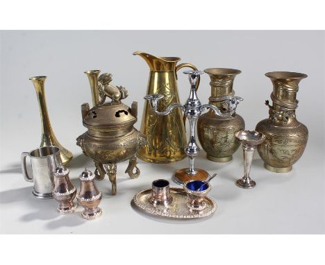 Quantity of brass and silver wares, including silver-plated candelabras and a pair of brass candlestick holders