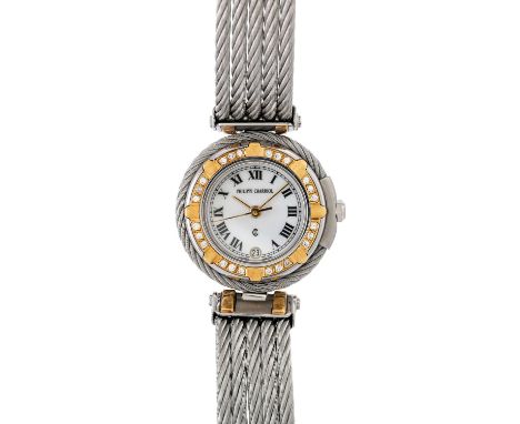 PHILIPPE CHARIOL Vintage Damenuhr, Ref. 10.8.1250. Edelstahl/Gold 18K (laut Gravur 3,5g), Lünette mit 24 Diamanten. Quarz-Wer