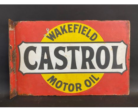 A Wakefield Castrol Motor Oil double sided enamel sign with hanging flange, 20 x 13".