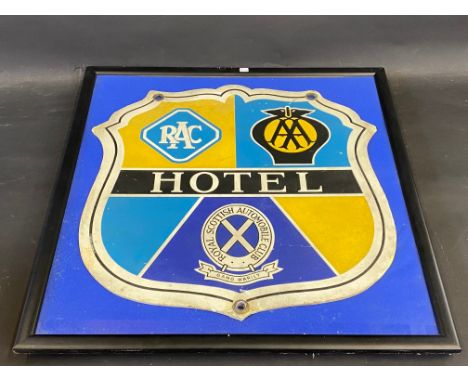 A rare Royal Scottish Automobile Club shield-shaped brightly coloured showcard, RAC and AA Hotel, 21 1/2 x 22 1/2". 
