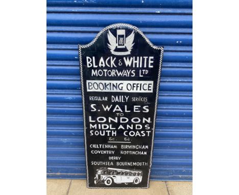 A Black and White Motorways Ltd Booking Office part pictorial enamel sign, heavily restored.