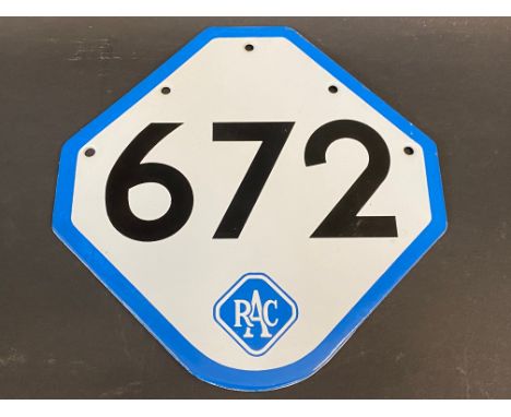 An RAC enamel box number sign '672' in very near mint condition, 7 1/2 x 7 1/2".