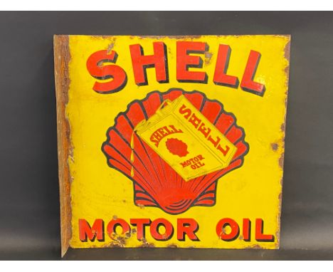 A rarely seen Shell Motor Oil double sided enamel sign with central image of a can pouring oil, re-attached hanging flange, 1