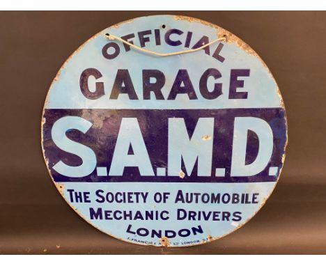 A Society of Automobile Mechanic Drivers London 'Official Garage' circular double sided enamel sign, 24" diameter.