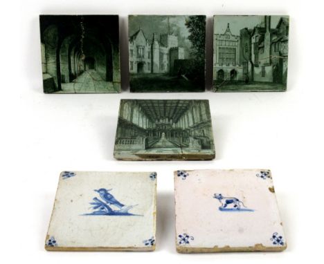 Two Delft tiles, three painted tiles, two hardwood stands, perfume flask, majolica candlesticks and a glass paperweight