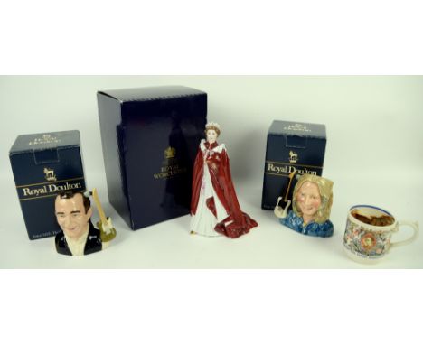 Two Royal Doulton limited edition mugs, Status Quo Francis Rossi and Rick Parfitt, each 696/2500, Laura Knight coronation mug