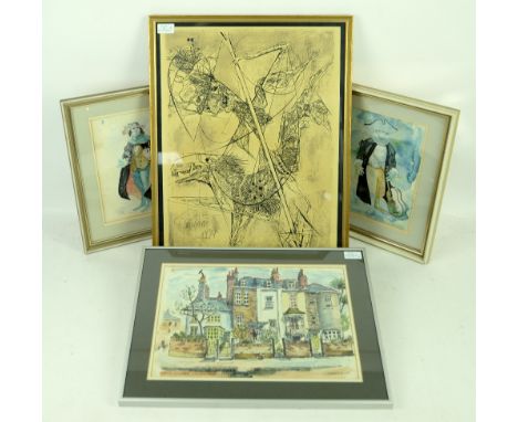 'Troubadour III' and 'Troubadour I', signed watercolours, Sidney Arrobus 'Heath Street, Hampstead', portrait of clowns by W. 