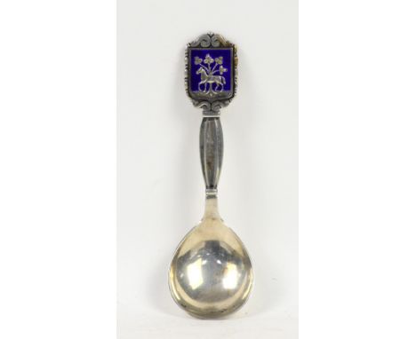 Danish silver and enamel caddy spoon with horse design by CF 1929